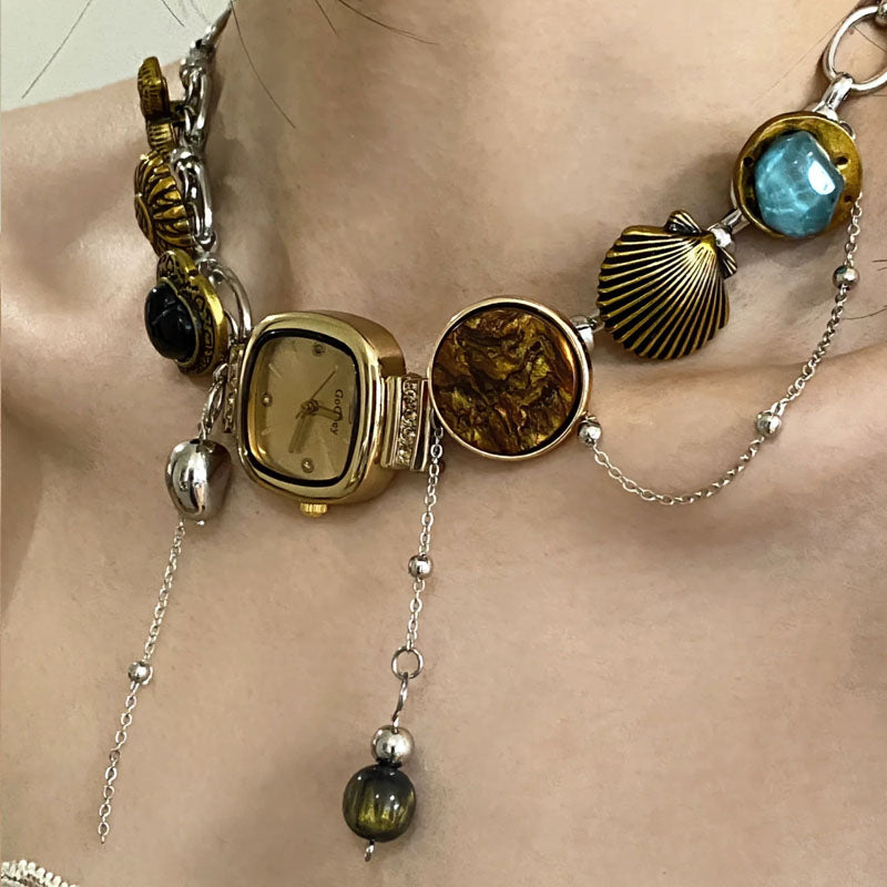 Vintage Necklace Y2K Punk Handmade Button Bead Watch Pendant Choker Titanium Steel Necklace, Unique Jewelry Gift for Women and Man