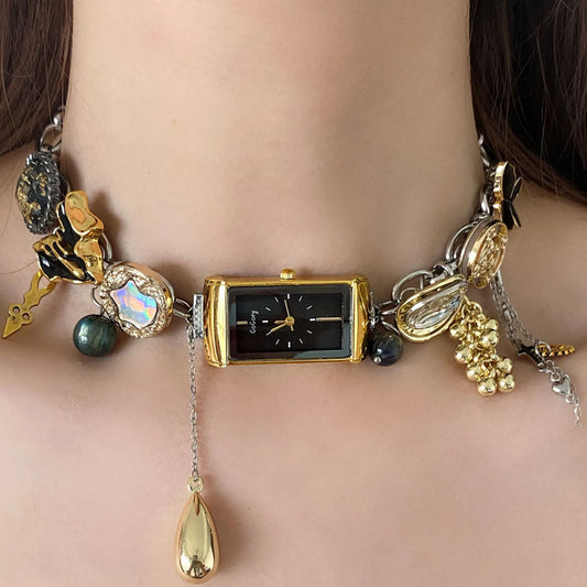 Handmade beaded button watch titanium steel necklace, golden water droplet shape choker necklace jewelry, vintage punk, Y2K necklace, unique stylish gift.