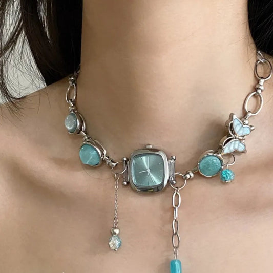 Cyber Punk Vintage Button Bead Blue Watch Choker, Butterfly Titanium Steel Chunky Chain Necklace,Y2KAccessories, Perfect Unique Handmade Gift