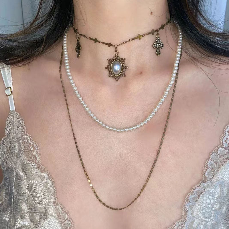 Vintage Cross Multi-Layered Necklace Chain,court style Pearl Necklaces,heavy industry necklaces,removable Jewelry for Women