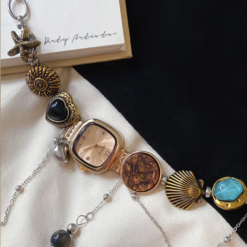 Vintage Necklace Y2K Punk Handmade Button Bead Watch Pendant Choker Titanium Steel Necklace, Unique Jewelry Gift for Women and Man