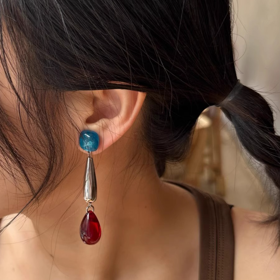 Handmade Red and Blue Contrast Long Earrings