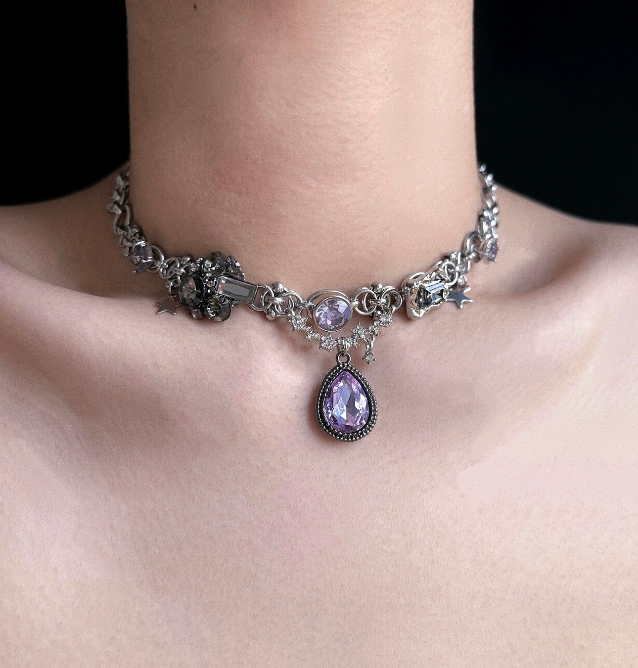 Vintage purple cubic zirconia star pendant silver necklace, vintage courtly choker, Y2K necklace. Perfect for fashionable girls,Perfect gift