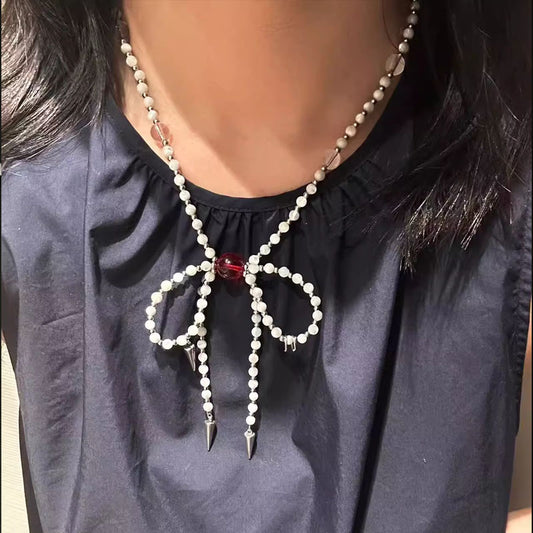 Pearl Bow Choker Necklace Vintage White Pearl Beaded Necklace Jewellery for Women