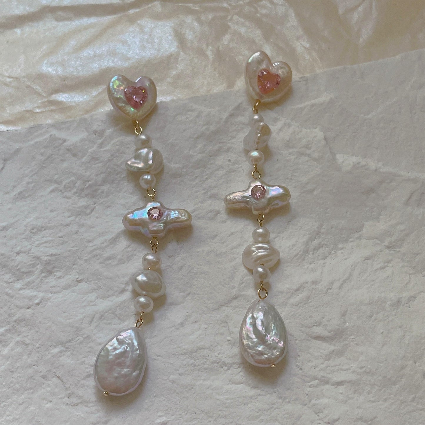 Dazzling Love: Sterling Silver Pink Heart Earrings with Diamond Accents and Dangling Pearls