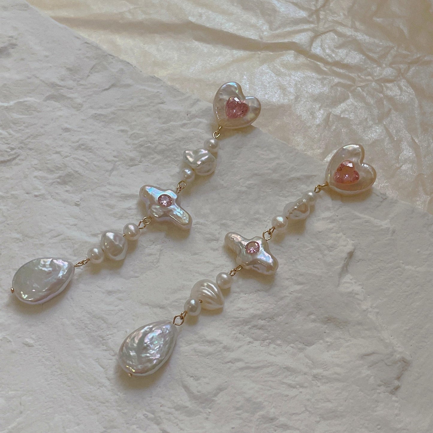 Dazzling Love: Sterling Silver Pink Heart Earrings with Diamond Accents and Dangling Pearls