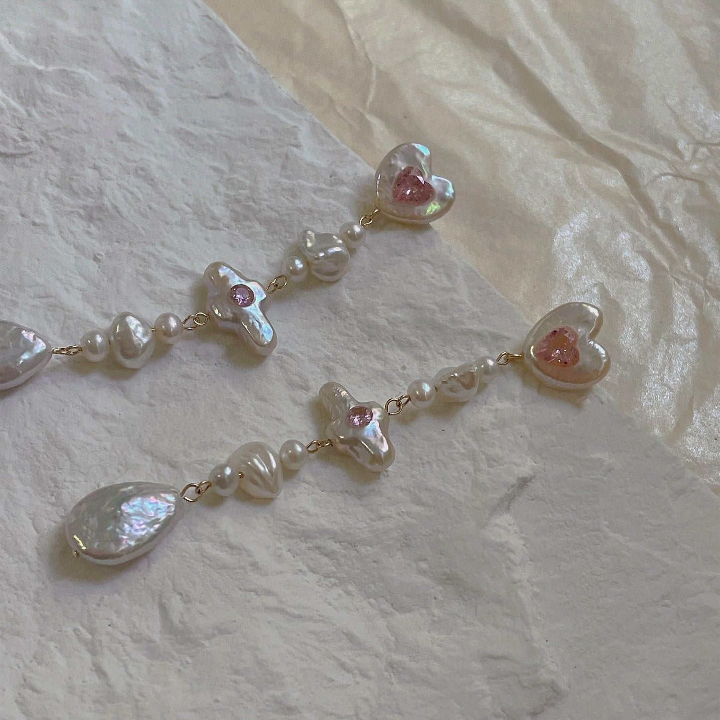 Dazzling Love: Sterling Silver Pink Heart Earrings with Diamond Accents and Dangling Pearls