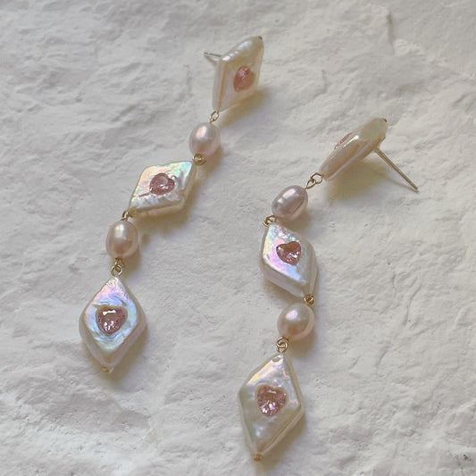 Baroque Diamond-Encrusted Pink Heart Gemstone Sterling Silver Earrings: Versatile Statement Accessories