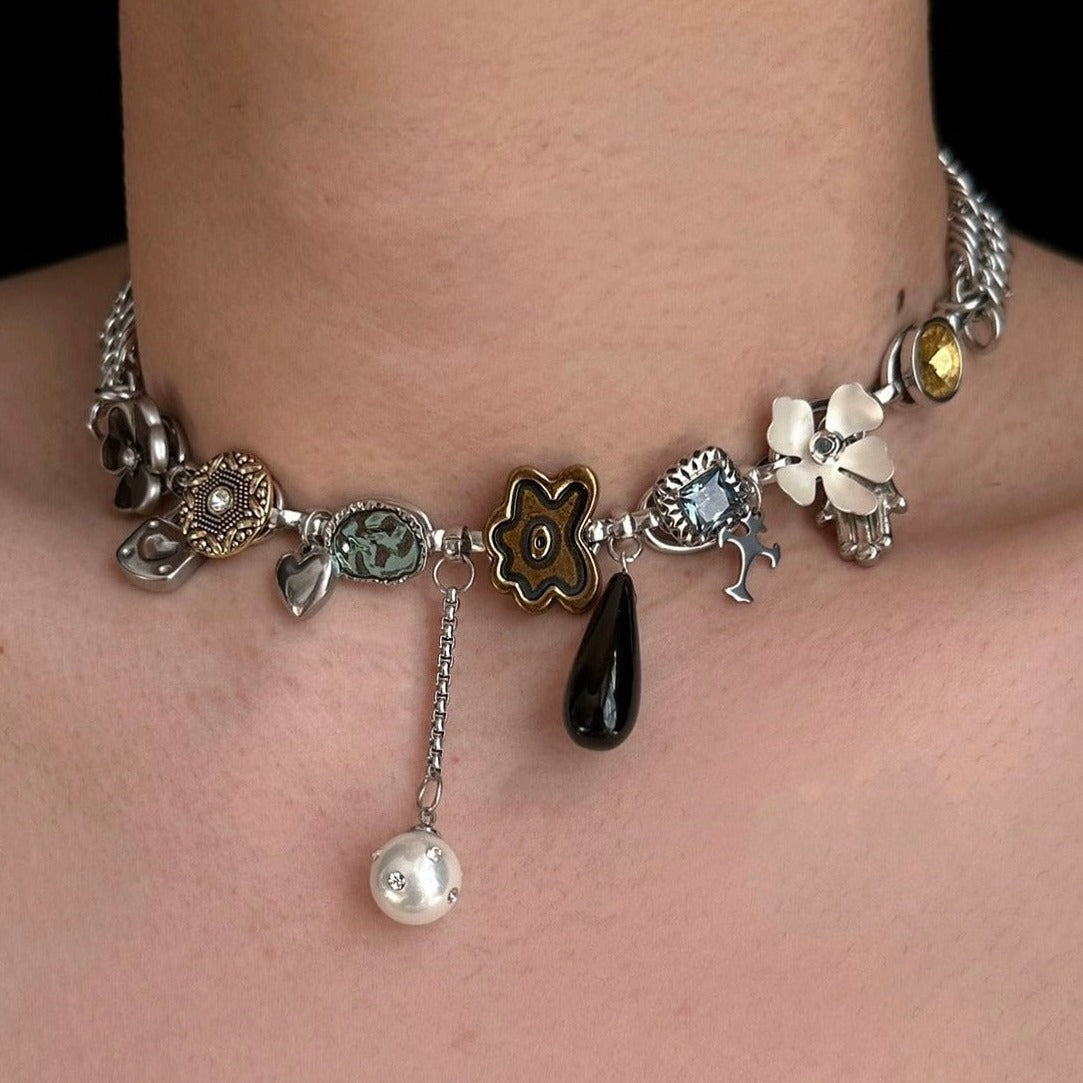 Silver Vintage Fun Cubic Zirconia Pearl Flower Palm choker, Y2K artistic vintage style, Trend Clutter Cool Necklace, for men and women