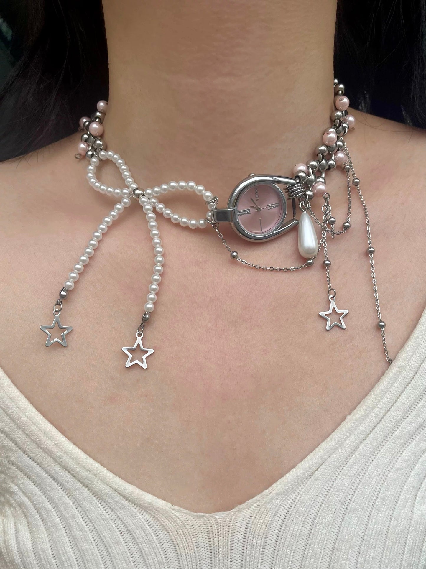 Vintage Elegant Pearl Watch Choker Necklace, Bow Pearl Necklace, Y2K Pearl BlueWatch Necklaces, Niche Punk, Perfect Unique Handmade Gift.