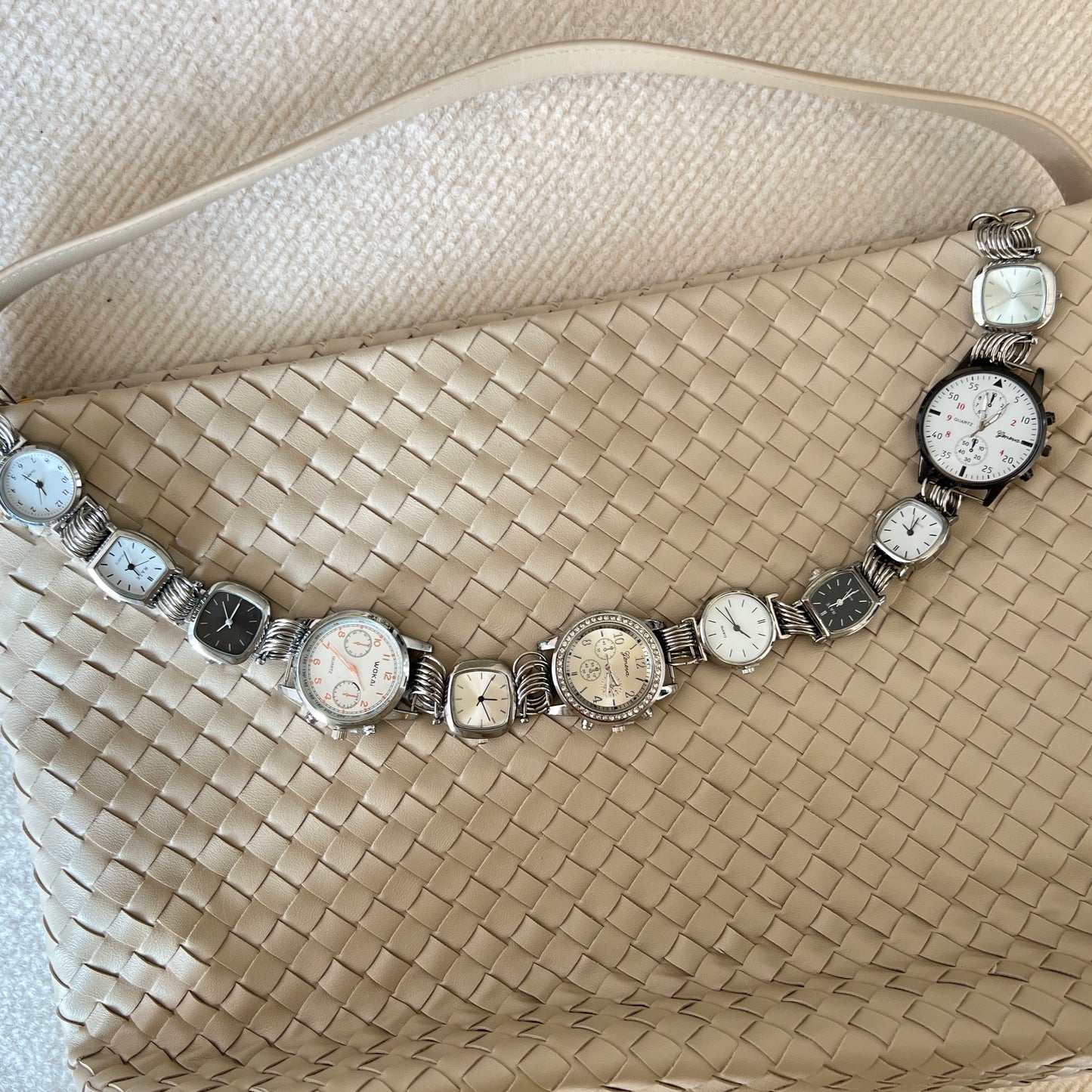 Cyberpunk silver watch bag strap, niche 11 clocks metal bag chain