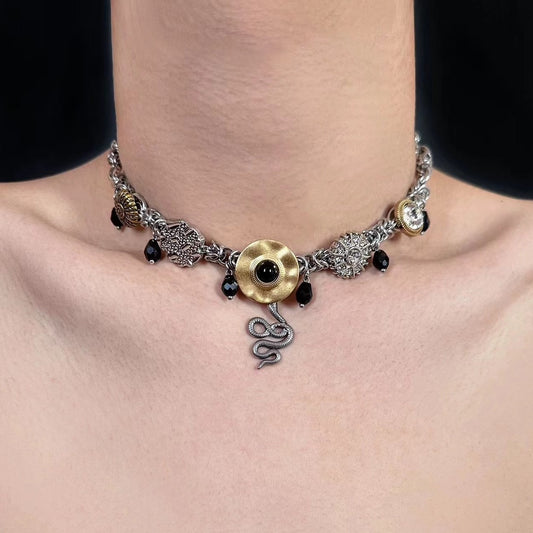 Vintage snake-shaped pendant silver necklace with whimsical button pendants, Y2K cyberpunk style, suitable for both men and women