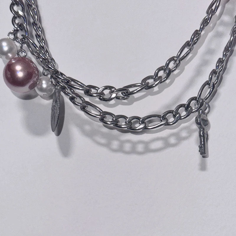Gothic Layered Pearl Choker Retro Punk Stacked Necklace with Long Chain for Women Gift