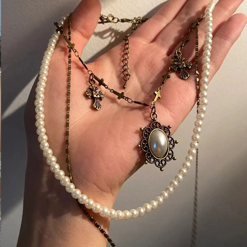 Vintage Cross Multi-Layered Necklace Chain,court style Pearl Necklaces,heavy industry necklaces,removable Jewelry for Women