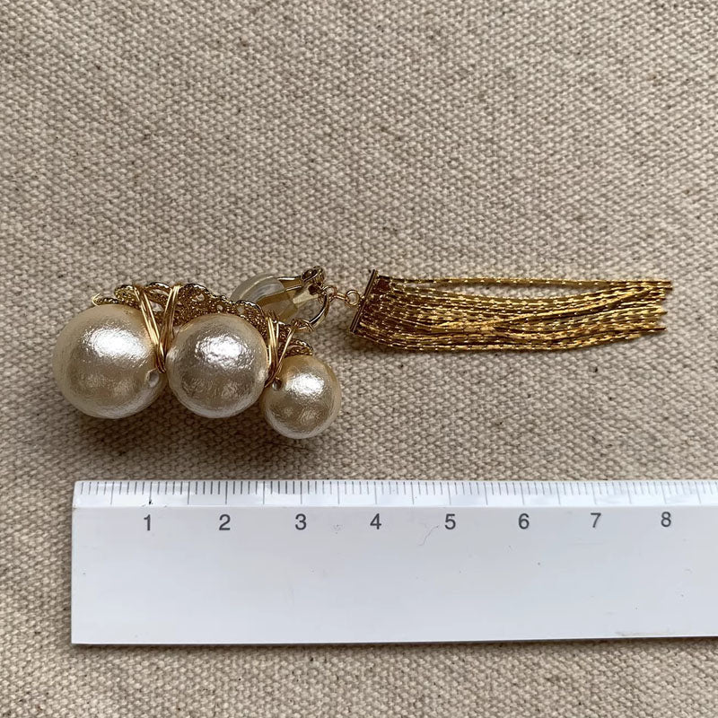 Retro Pearl Tassel Drop Earrings Fashion Vintage Pearl Ear Clip Golden for Women Girls Tassel Ear Clips Statement Jewelry Party Prom Wedding 