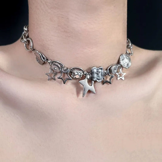 Vintage Y2k Necklace Star Pendant Choker Titanium Steel Handmade Necklace Choker for Girls Women