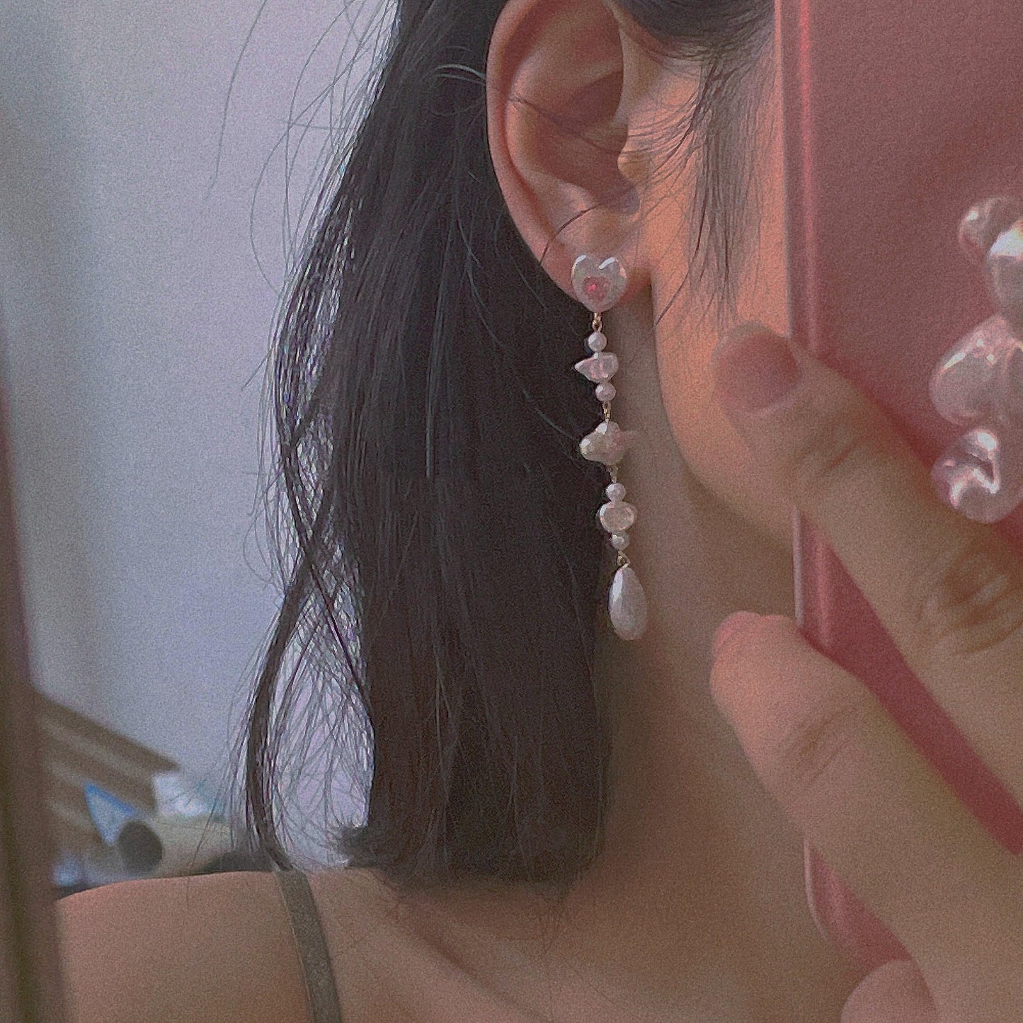 Dazzling Love: Sterling Silver Pink Heart Earrings with Diamond Accents and Dangling Pearls