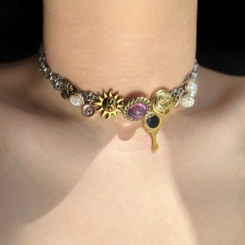 Punk Choker Heavy Industry Titanium Steel Necklace Gorgeous Purple Crystal Pendant for Women