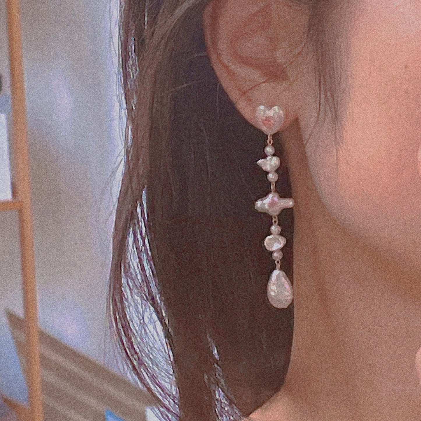 Dazzling Love: Sterling Silver Pink Heart Earrings with Diamond Accents and Dangling Pearls