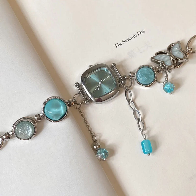 Cyber Punk Vintage Button Bead Blue Watch Choker, Butterfly Titanium Steel Chunky Chain Necklace,Y2KAccessories, Perfect Unique Handmade Gift