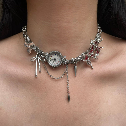Cyberpunk Silver Chain Watch Choker Necklace, Bow, Spike,Butterfly, Flower Pendant Chunky Chain, Y2K Choker, Unisex Choker,Handmade gift