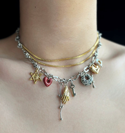 Vintage punk style with eye of God, gold hand, baroque cross, heart pendant layered necklace, Y2K choker, trendy eclectic cool necklace