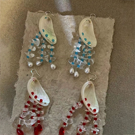 Natural Seashell Earrings, Boho Style Beach Earrings,Ocean Pearl Shell Earrings,Crystal glass bead, Dangling Earrings for Women blue/red