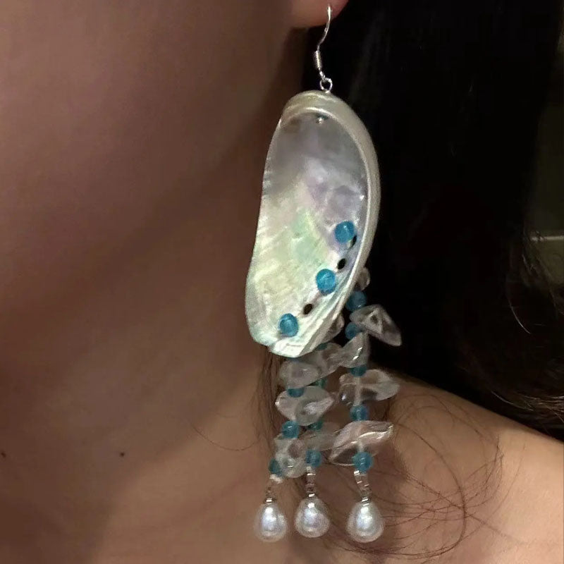 Natural Seashell Earrings, Boho Style Beach Earrings,Ocean Pearl Shell Earrings,Crystal glass bead, Dangling Earrings for Women blue/red