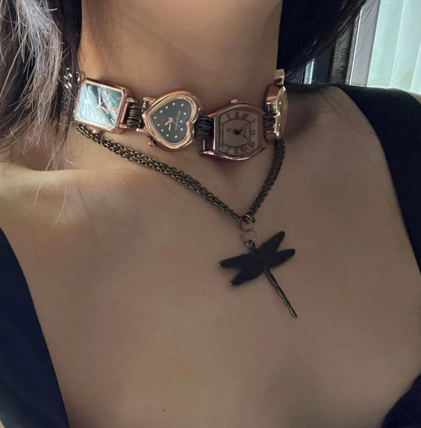 Cyber Punk Vintage Watch choker,Dragonfly Pendant Layered Necklace, Y2K accessory, Perfect Unique Gift for Man and Woman
