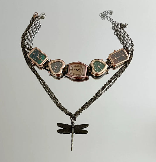 Cyber Punk Vintage Watch choker,Dragonfly Pendant Layered Necklace, Y2K accessory, Perfect Unique Gift for Man and Woman