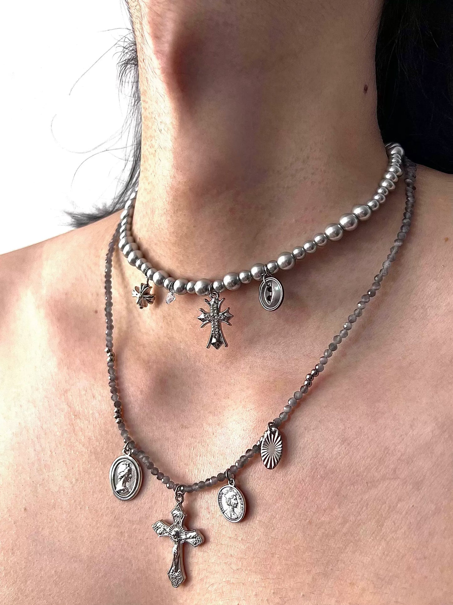 Bead Cross Punk Pearl Layered Choker, Cat Eye Cross Necklace, Metallic Simple Unique Necklace