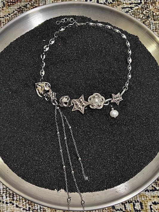 Neutral Tassel Star Button Shaped Silver Necklace, Love And Flower Sweet Cool Choker, Valentine's Gift