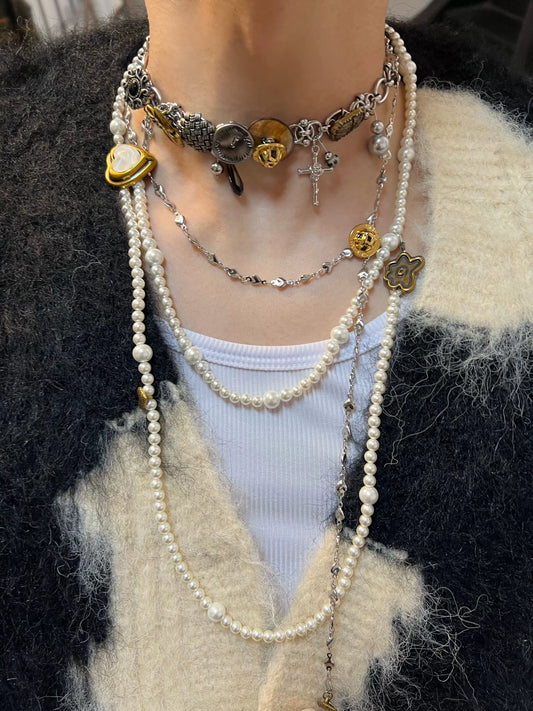 Punk Layered Planet Bowed Choker Love Freshwater Pearl Necklace, Vintage Cross and Love Style, Unique Choker