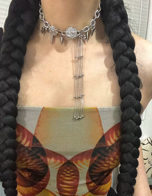 Tassel Punk Rivet Silver Necklace Sweet Cool Girl Choker, Titanium Steel Metallic Unique Accessory