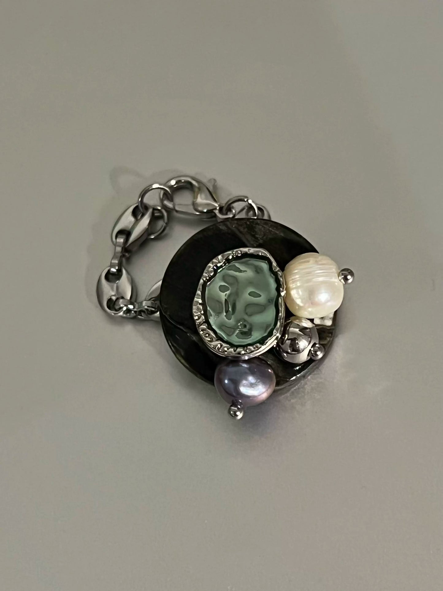 Handmade Vintage Ring Freshwater Nacre Button Chain Ring, Fashion Jewelry