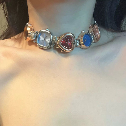 Titanium Steel Punk Y2K Watch Button Choker Necklace Colorful Watch Choker