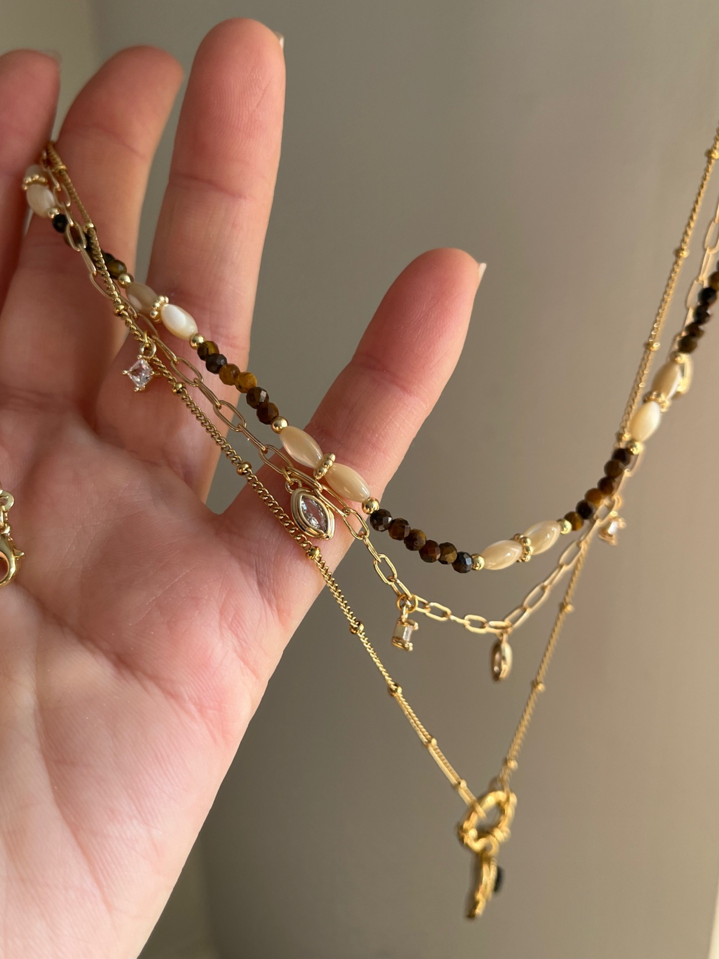 Vintage Brown Tone Beaded Necklace, French Style, Gold-Plated Titanium Steel, Layering Y-Necklace