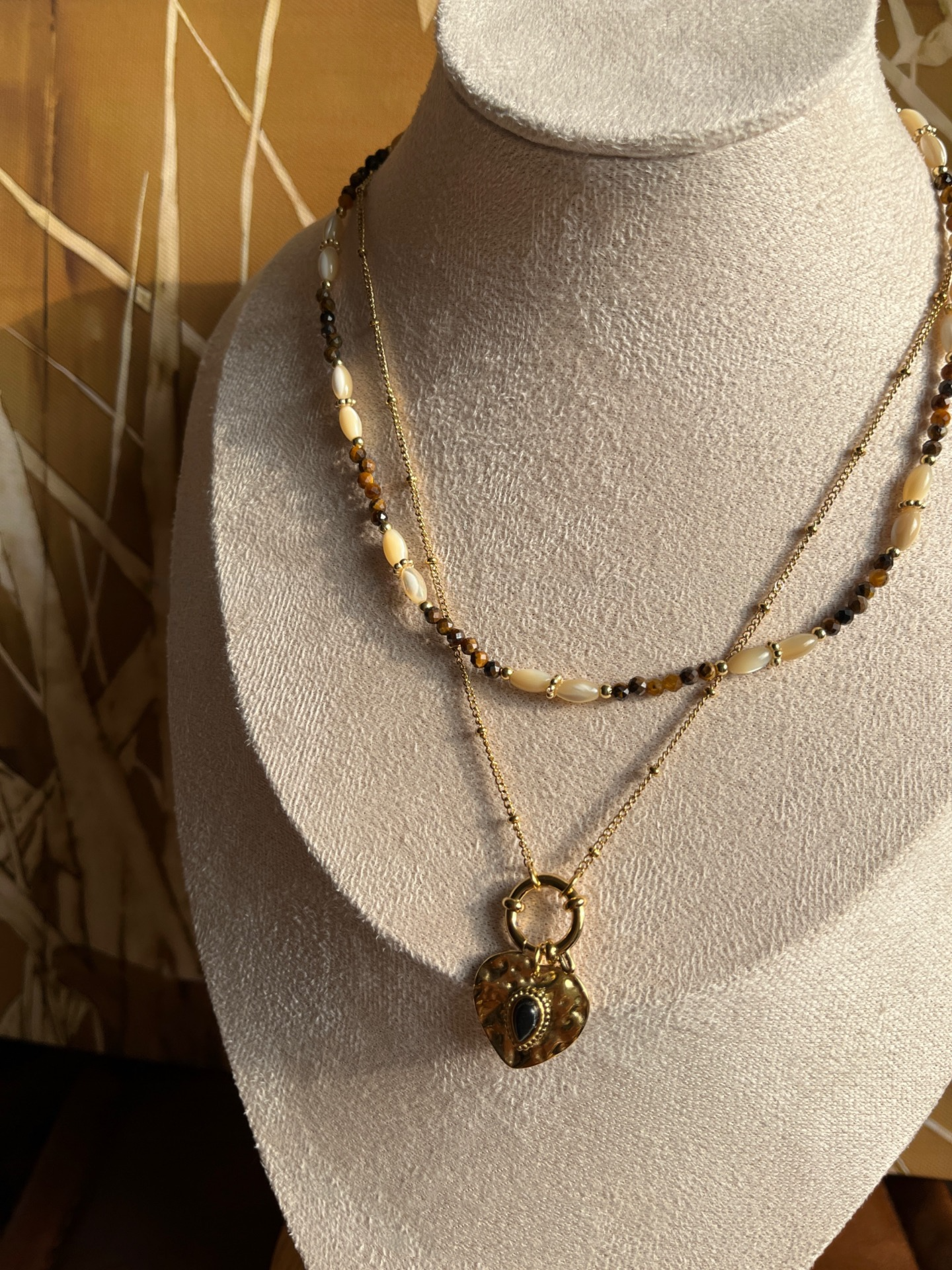Vintage Brown Tone Beaded Necklace, French Style, Gold-Plated Titanium Steel, Layering Y-Necklace