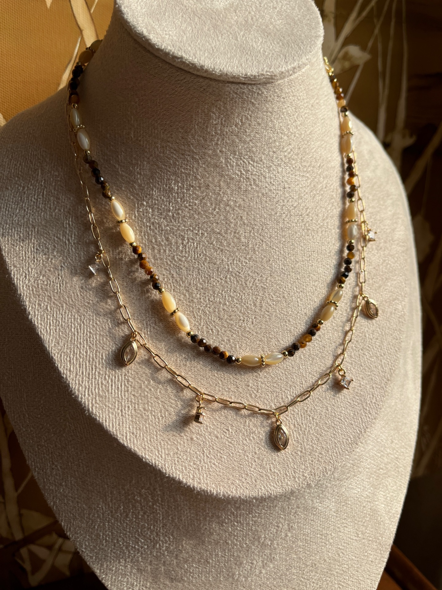 Vintage Brown Tone Beaded Necklace, French Style, Gold-Plated Titanium Steel, Layering Y-Necklace
