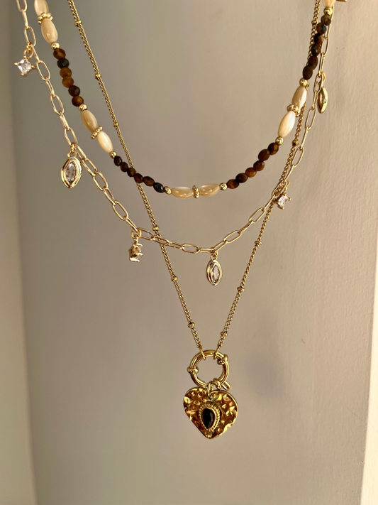 Vintage Brown Tone Beaded Necklace, French Style, Gold-Plated Titanium Steel, Layering Y-Necklace