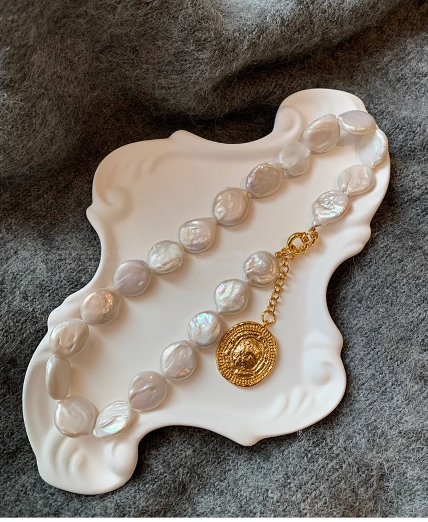 Convertible Pendant Necklace, 24K Gold-Plated Brass, Natural Baroque Button Pearl, Adjustable Length