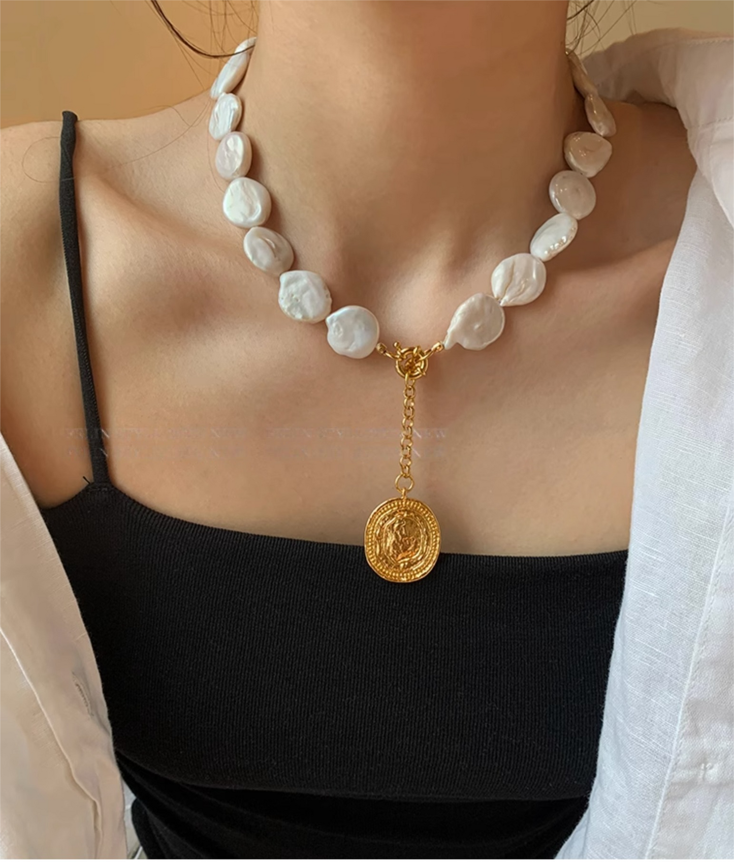 Convertible Pendant Necklace, 24K Gold-Plated Brass, Natural Baroque Button Pearl, Adjustable Length
