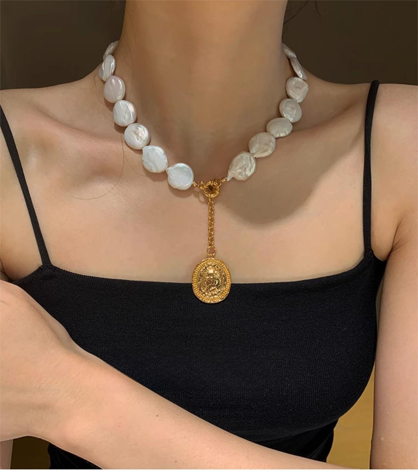 Convertible Pendant Necklace, 24K Gold-Plated Brass, Natural Baroque Button Pearl, Adjustable Length