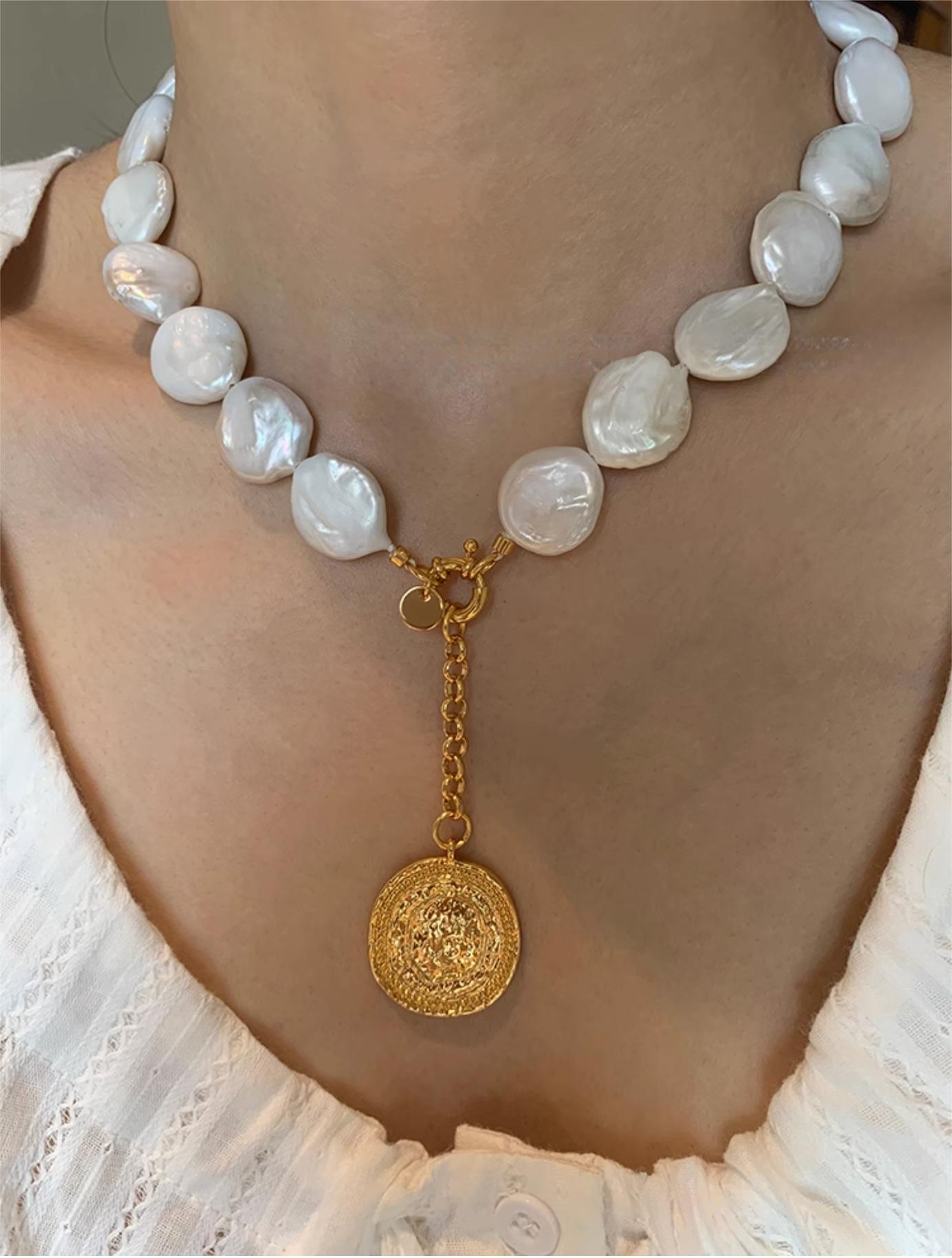 Convertible Pendant Necklace, 24K Gold-Plated Brass, Natural Baroque Button Pearl, Adjustable Length