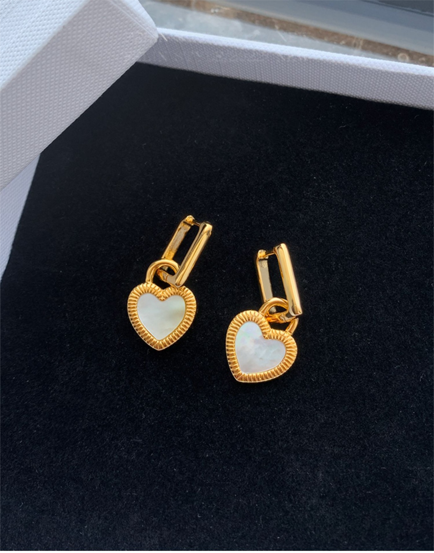 Black & White Mother-of-Pearl Heart Earrings, Luxury Minimalist Design, 24K Gold-Plated Brass