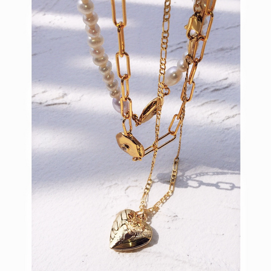 Vintage Minor Freshwater Pearl Necklace, Diamond-Studded Heart Locket, Stackable Layered Chain