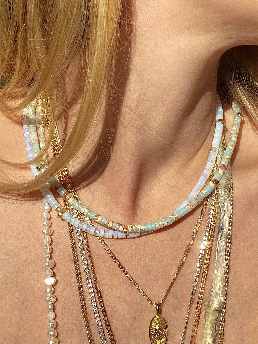 Multicolor Bead Moonstone Pattern Green Stackable Necklace