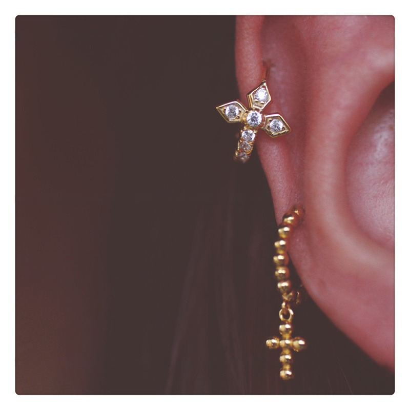 French Style Cross Earrings, Crystal Cross Ear Cuff, Silver & Man-Made Crystal, Hypoallergenic