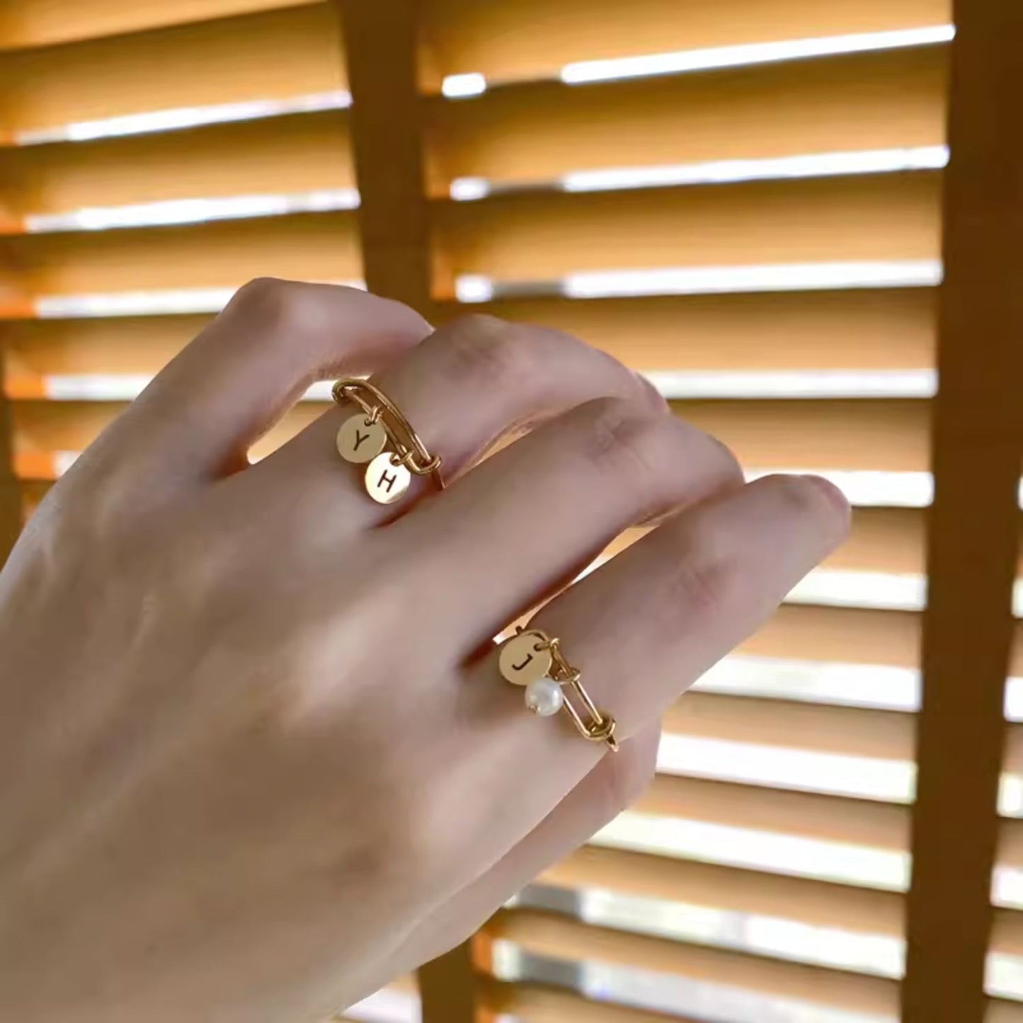 14K Gold-Plated Personalized Letter Pearl Ring Custom Elegance Size Adjustable