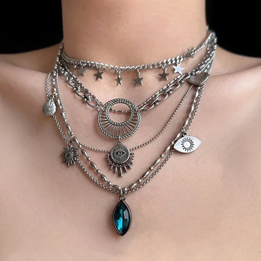 Vintage punk style, lapis lazuli, stars, eye of God, heart pendant silver layered necklace, exotic elegance, niche personality, perfect unique gift.